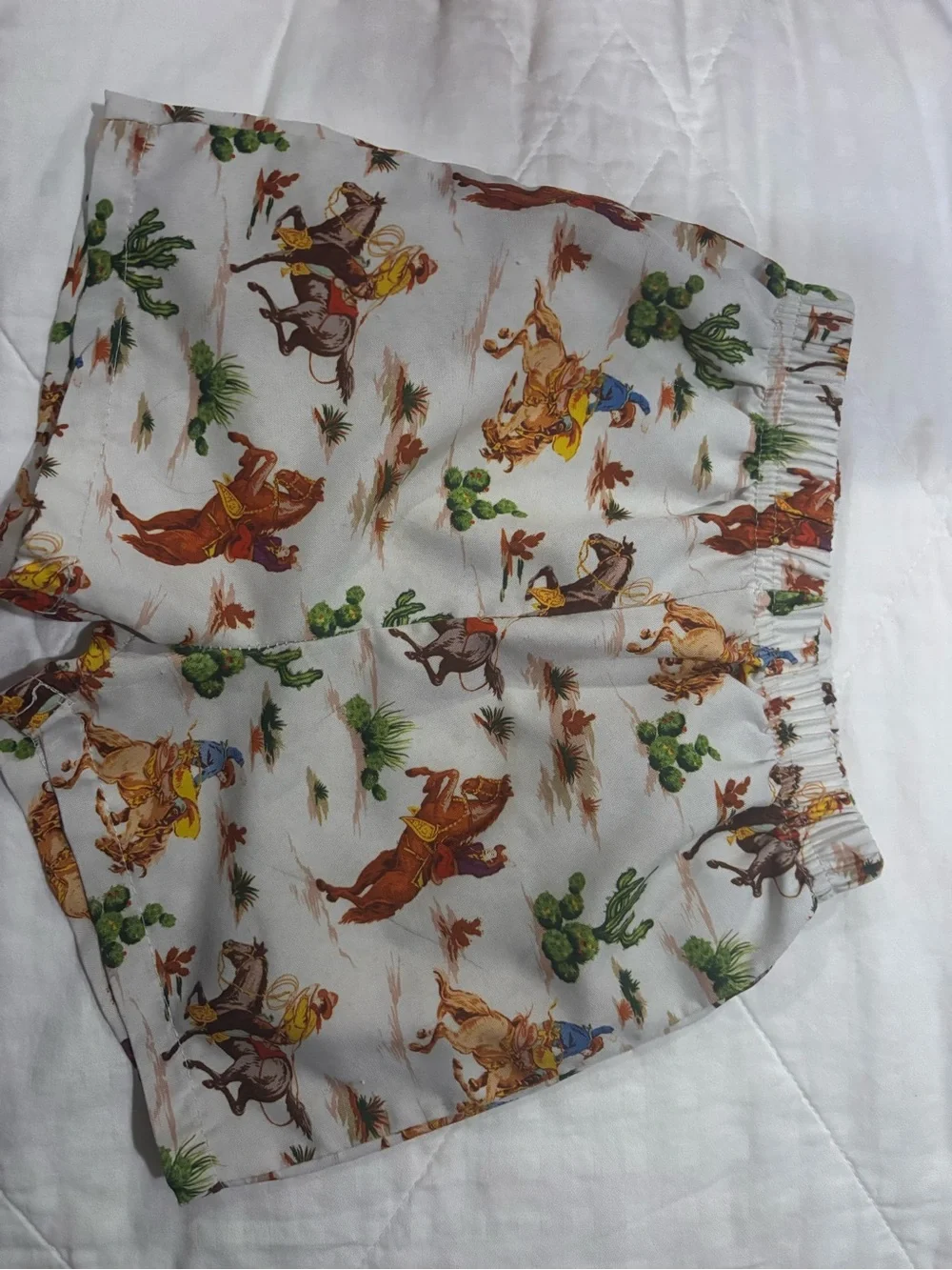 Kids Cowboy Print Casual Shorts - White with Brown & Green Accents